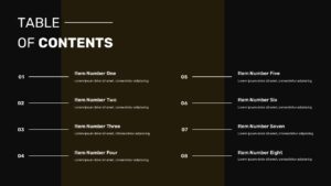Dark theme table of contents template with 8 sections and white text on black background for modern presentations