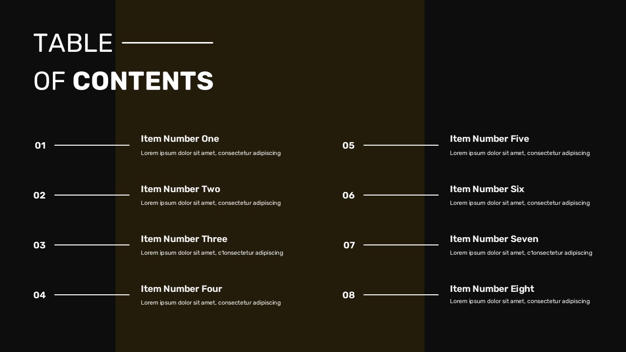 Dark theme table of contents template with 8 sections and white text on black background for modern presentations