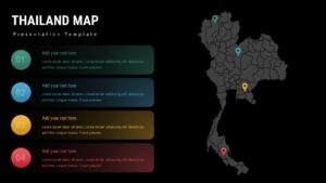 Sophisticated dark-themed Thailand map template with vibrant location markers for executive presentations and data visualization