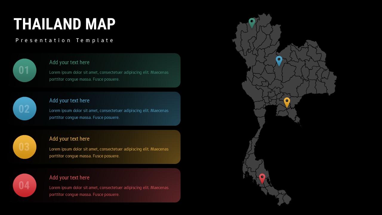 Sophisticated dark-themed Thailand map template with vibrant location markers for executive presentations and data visualization