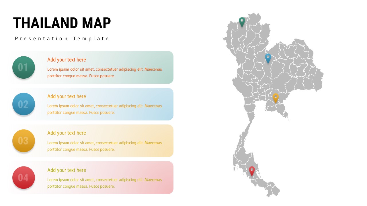 Clean Thailand map template with 4 color-coded regions for business presentations, tourism planning, or market analysis