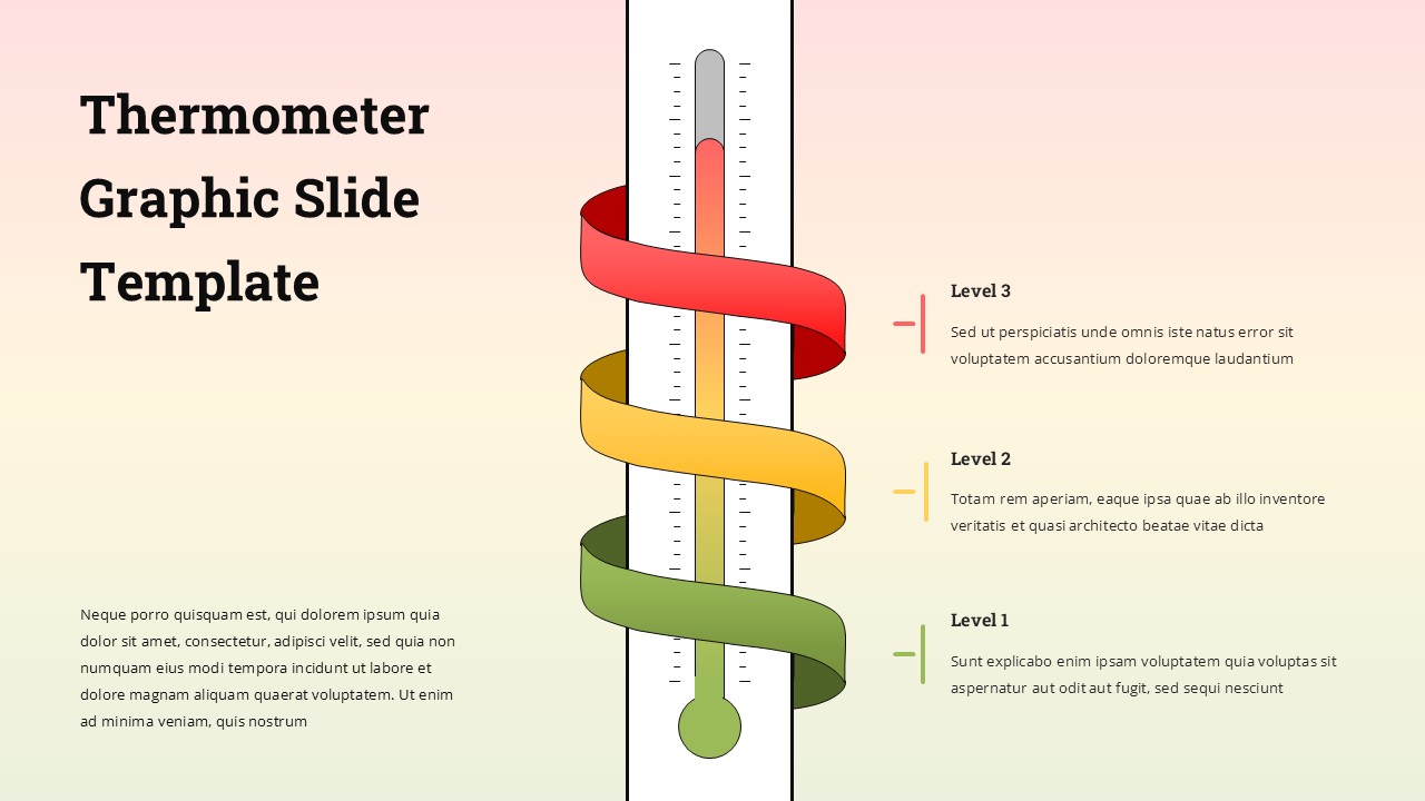 Thermometer infographic PowerPoint template with 3 colored levels for tracking progress, goals, or performance metrics