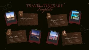 Sophisticated dark green travel itinerary template with polaroid photos perfect for luxury travel agencies and evening presentations