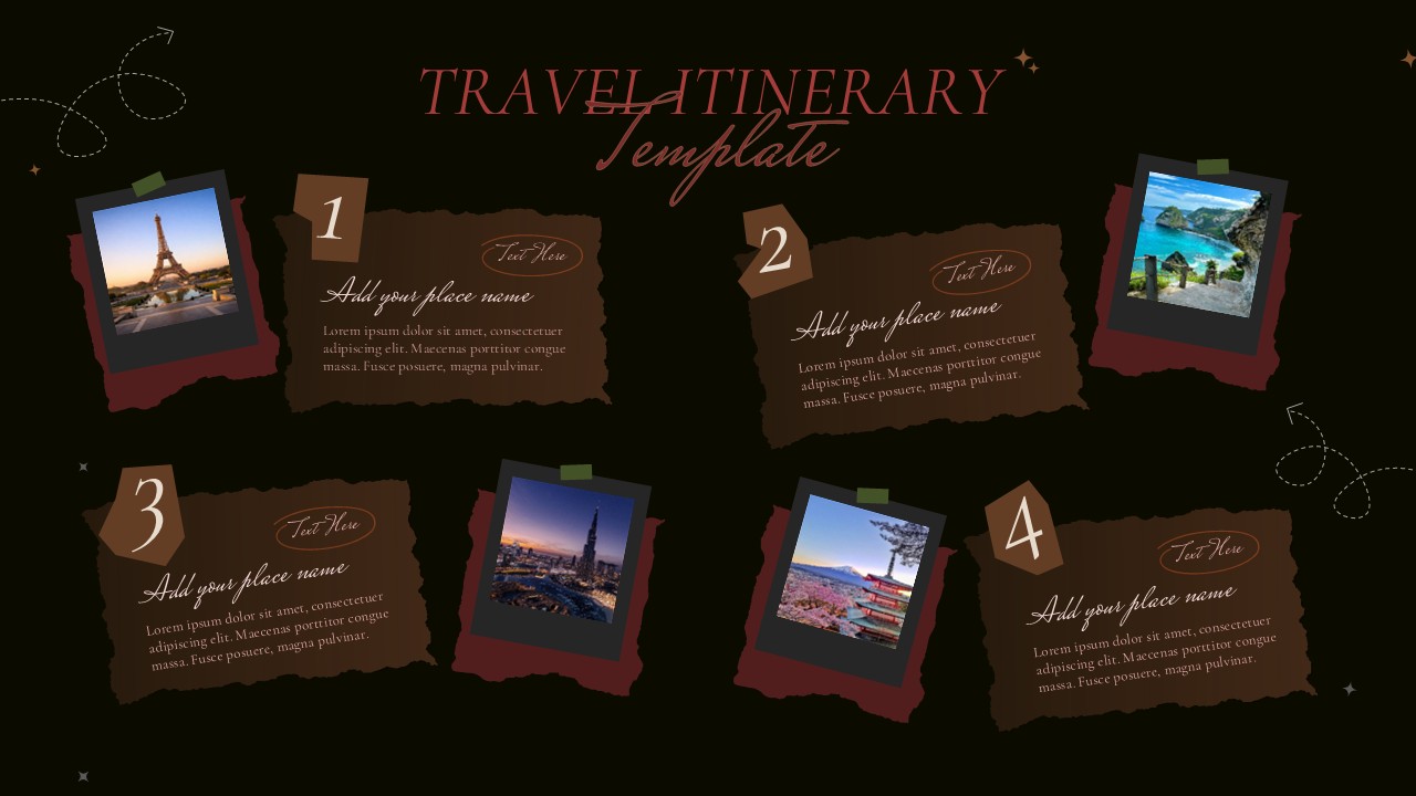 Sophisticated dark green travel itinerary template with polaroid photos perfect for luxury travel agencies and evening presentations