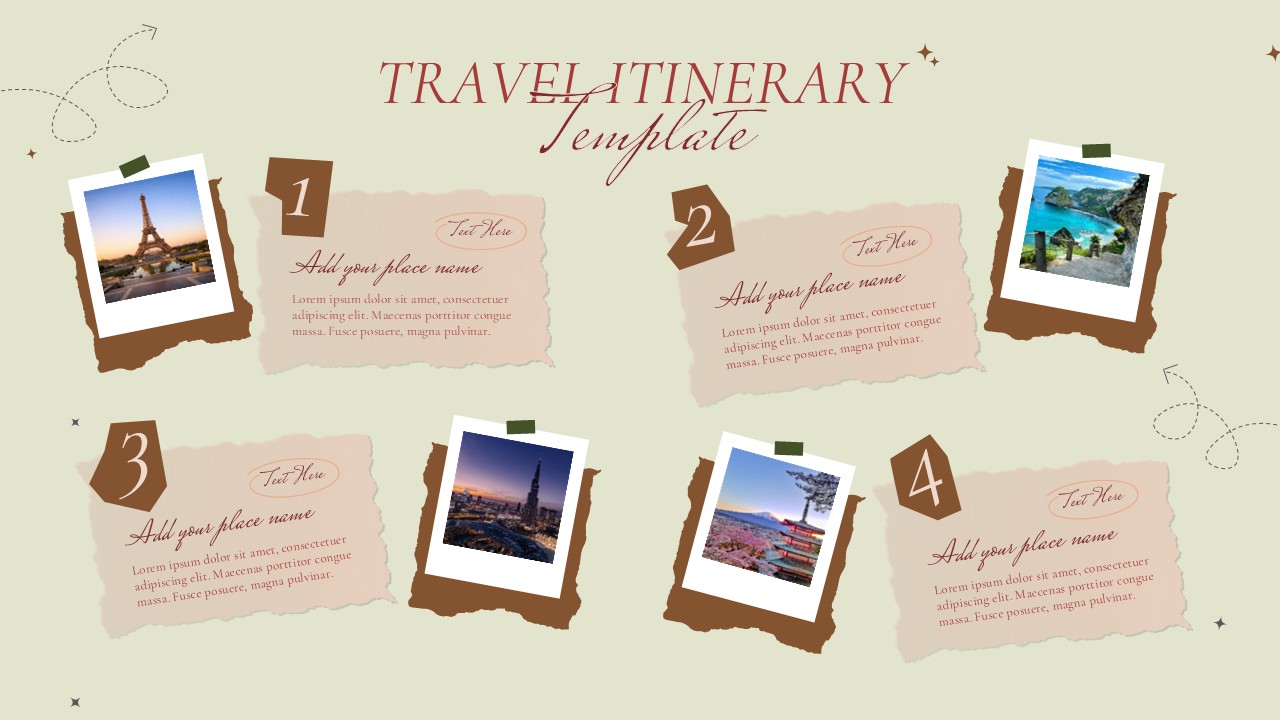 Travel blogger's dream template with vintage polaroid frames showcasing Paris, beaches & cultural stops in warm beige theme