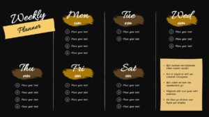 Dark theme weekly planner template for PowerPoint with golden accents, daily task sections, and organized layout