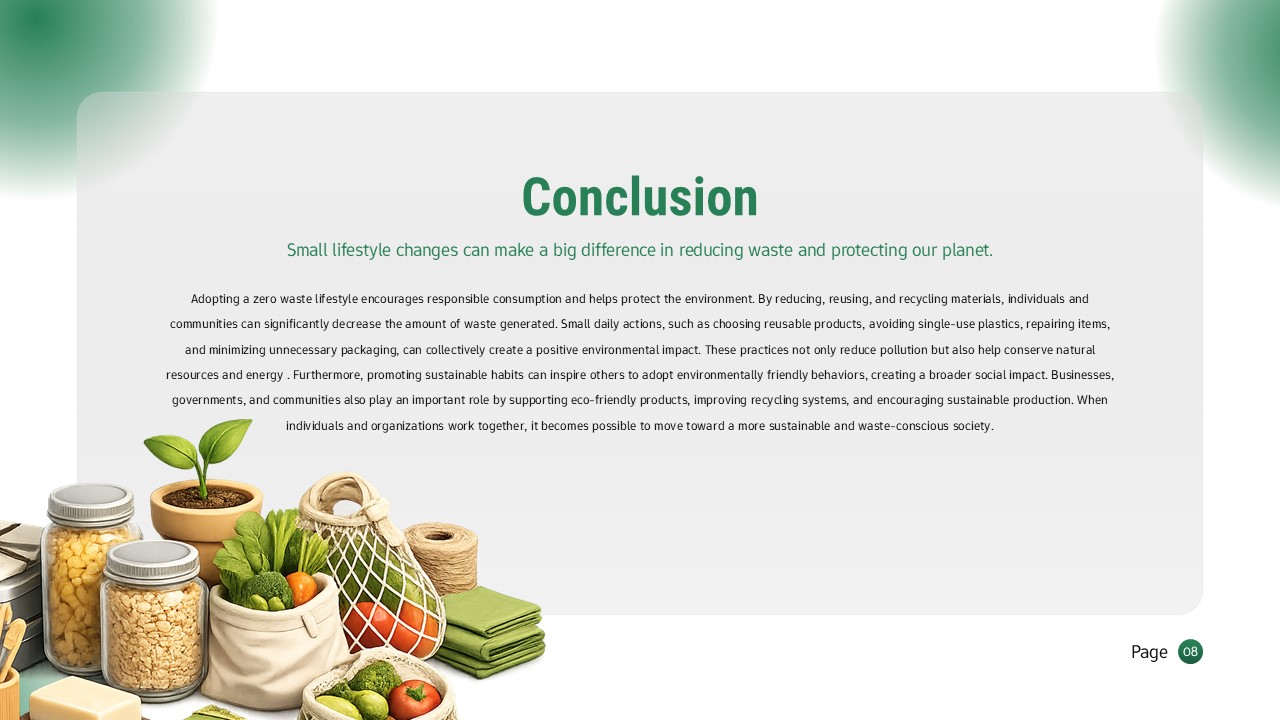 Conclusion slide summarizing impact and inspiring action toward sustainable lifestyle adoption