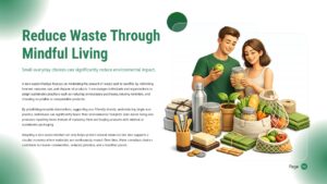 Introduction slide explaining mindful living benefits with illustrated family using sustainable products