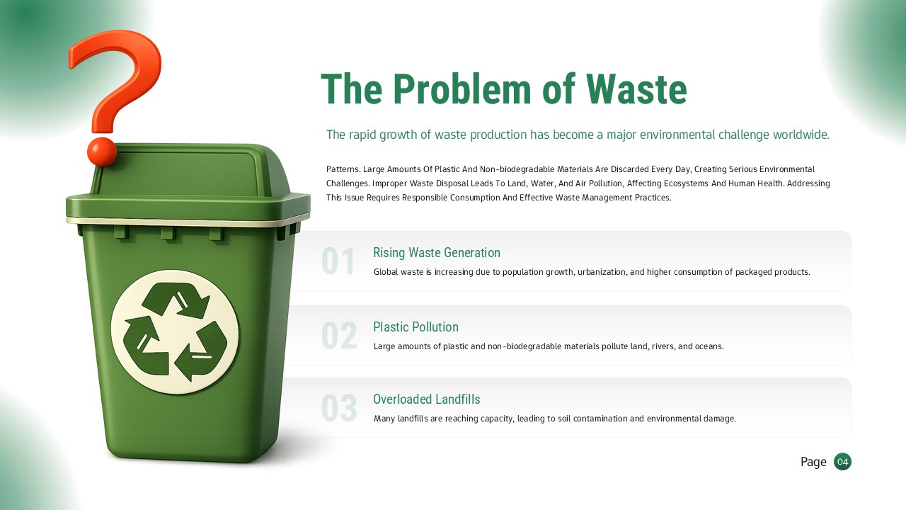 Problem statement slide highlighting waste generation, plastic pollution, and landfill issues