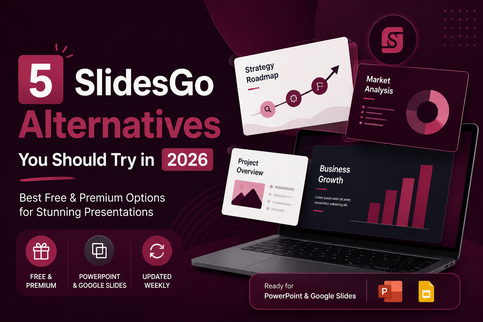 Top 5 SlidesGo alternatives for 2026 featuring presentation templates for PowerPoint and Google Slides with business charts, roadmap slides, market analysis visuals, and modern design elements on a dark gradient background.