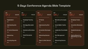 Dark-themed 5-day conference agenda with 5 vertical columns showing daily schedules in earth tones