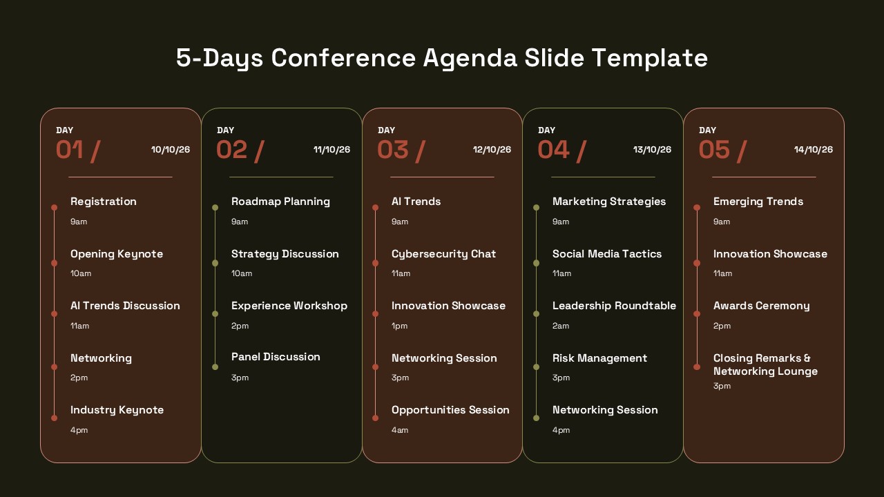 Dark-themed 5-day conference agenda with 5 vertical columns showing daily schedules in earth tones