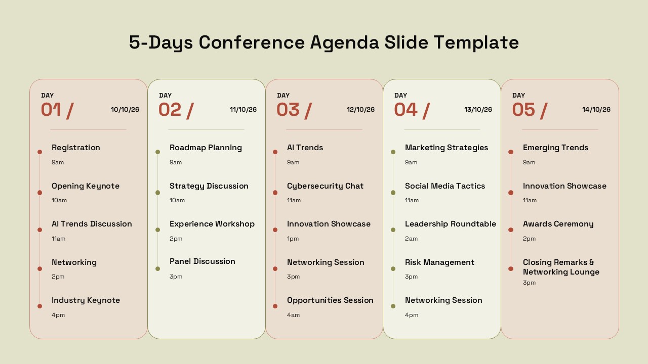 Light-themed 5-day conference agenda with 5 vertical columns showing daily schedules in pastel colors
