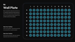 Dark theme 96-well plate template with cyan wells on black background for scientific presentations and lab data