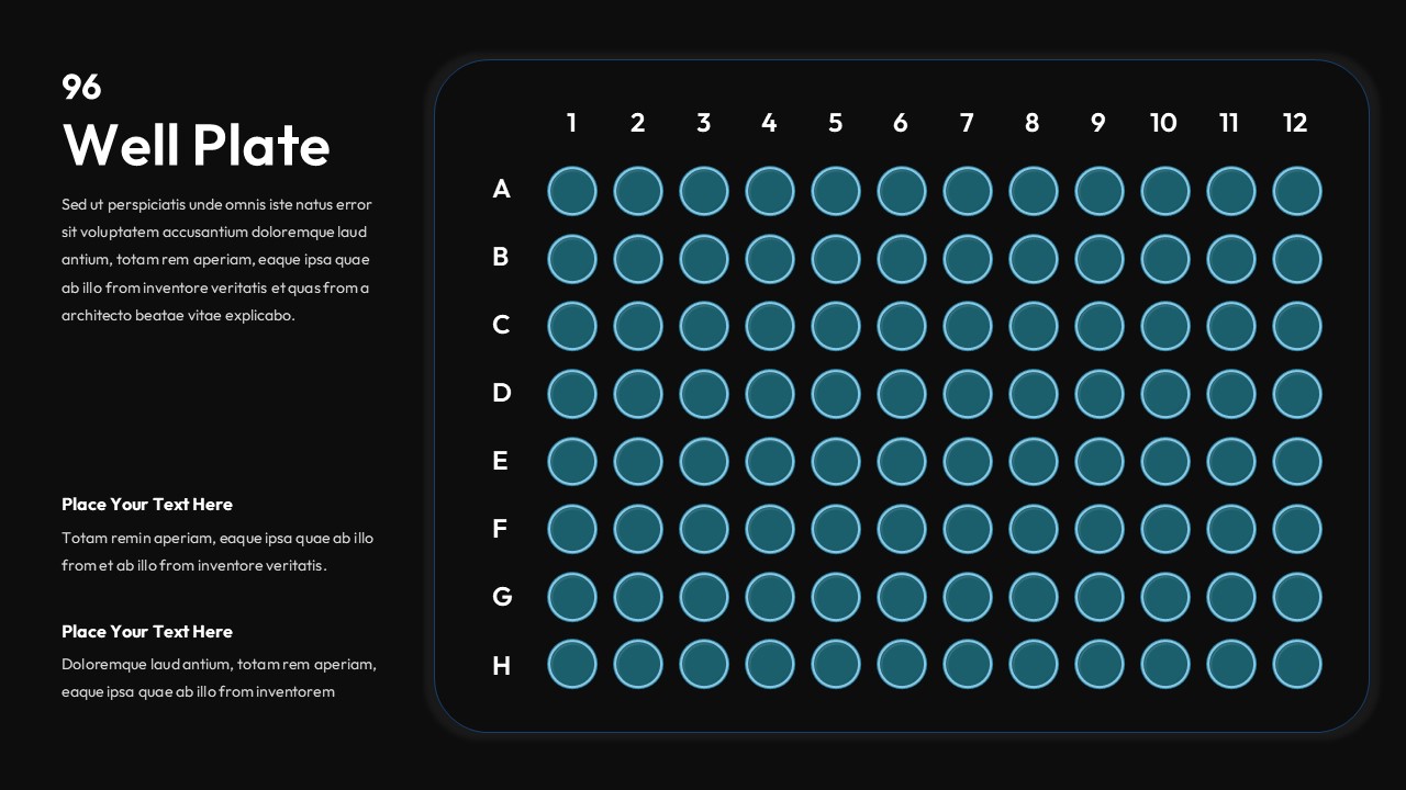 Dark theme 96-well plate template with cyan wells on black background for scientific presentations and lab data