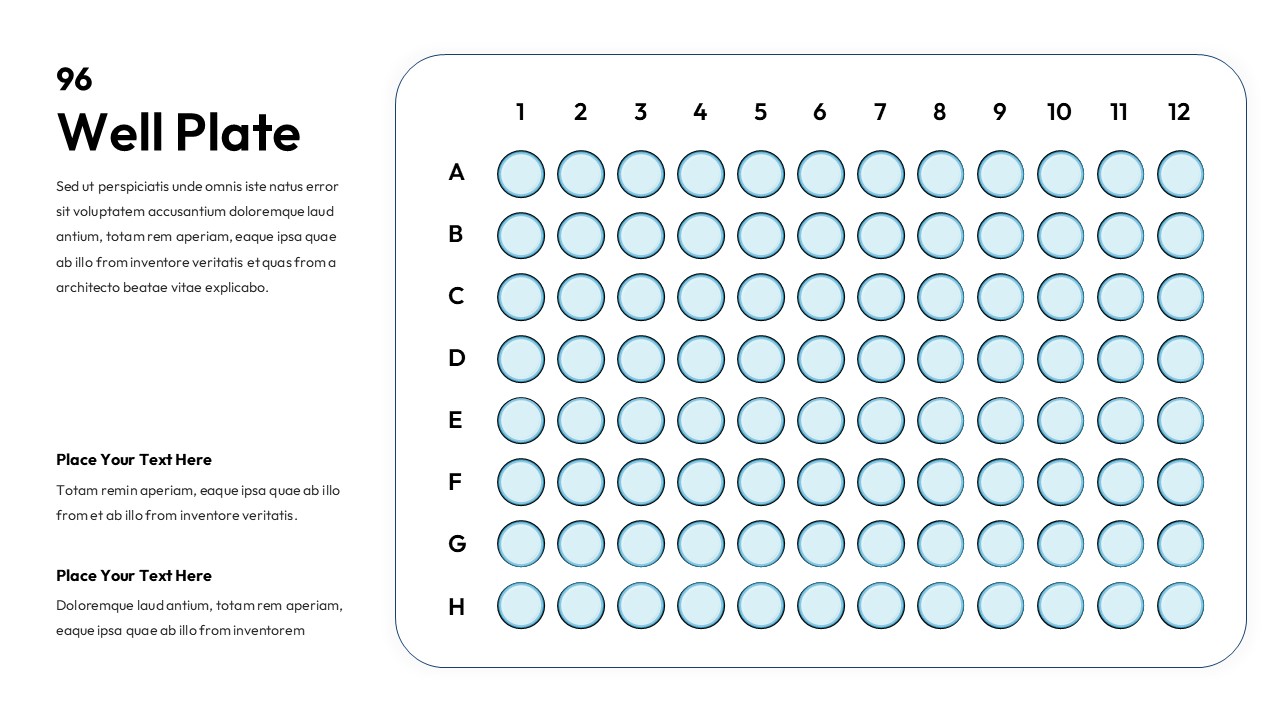 96-well plate PowerPoint template with light blue grid layout and text placeholders for laboratory data presentation