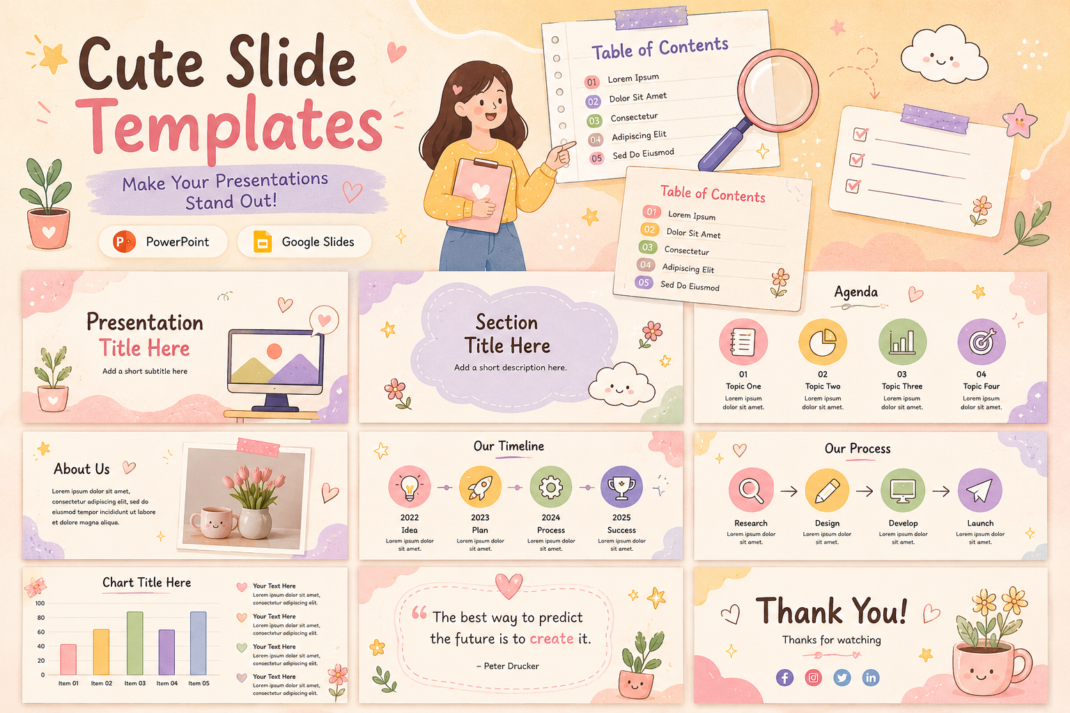 Download cute slide templates for PowerPoint and Google Slides with pastel colors, creative layouts, timelines, charts, agendas, and presentation sections. Perfect for school, business, and creative projects.