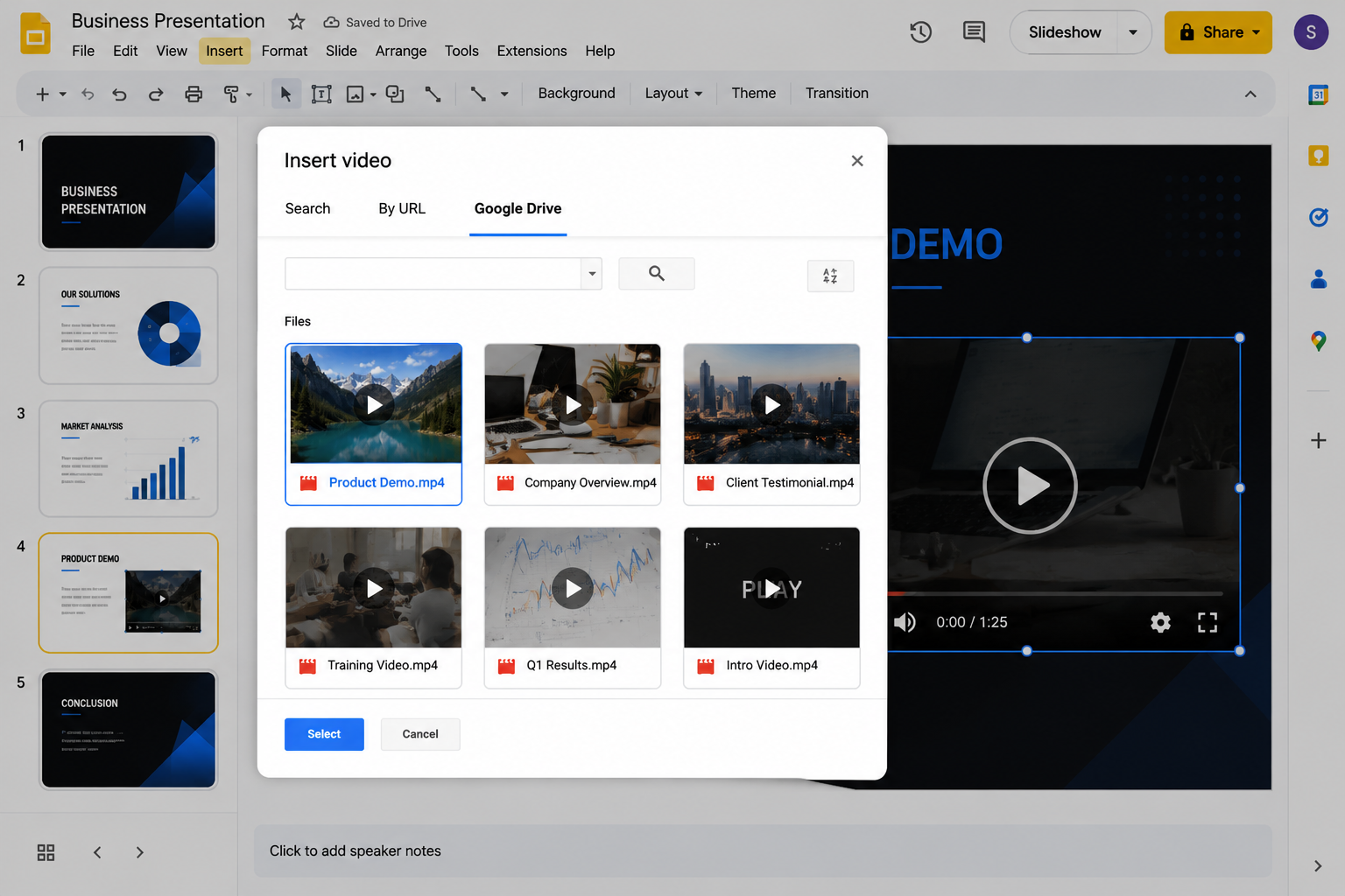 Screenshot of Google Slides showing the Insert Video window with the Google Drive tab selected and video files available for embedding into a presentation slide.
