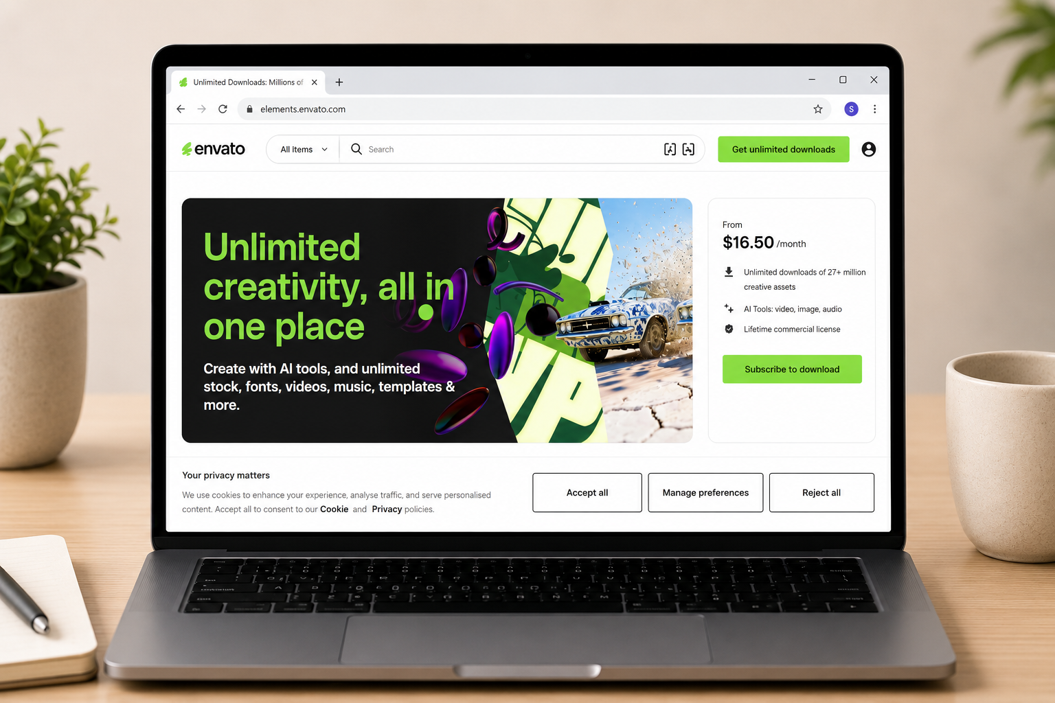 Laptop displaying the Envato Elements website offering unlimited downloads of creative assets, templates, and AI tools.