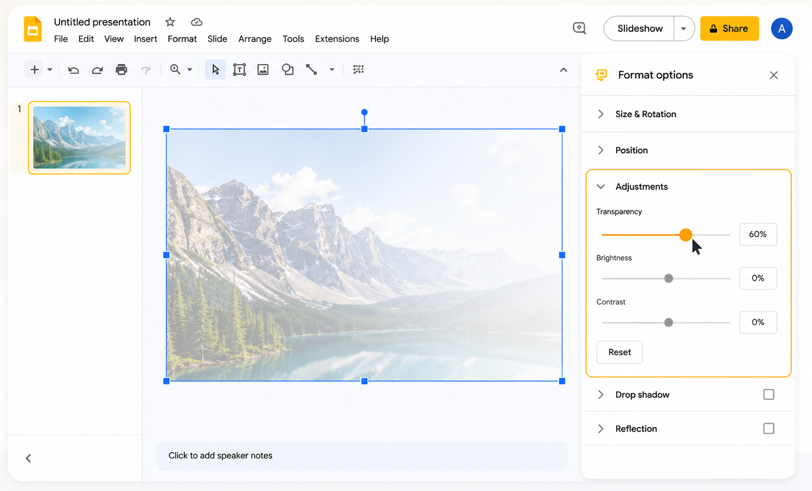 Promotional graphic showing a Google Slides window with a partially transparent mountain landscape image being edited. Large text reads “How to Make Pictures Transparent in Google Slides” with a badge saying “in Seconds!” and decorative blue design elements around the layout.