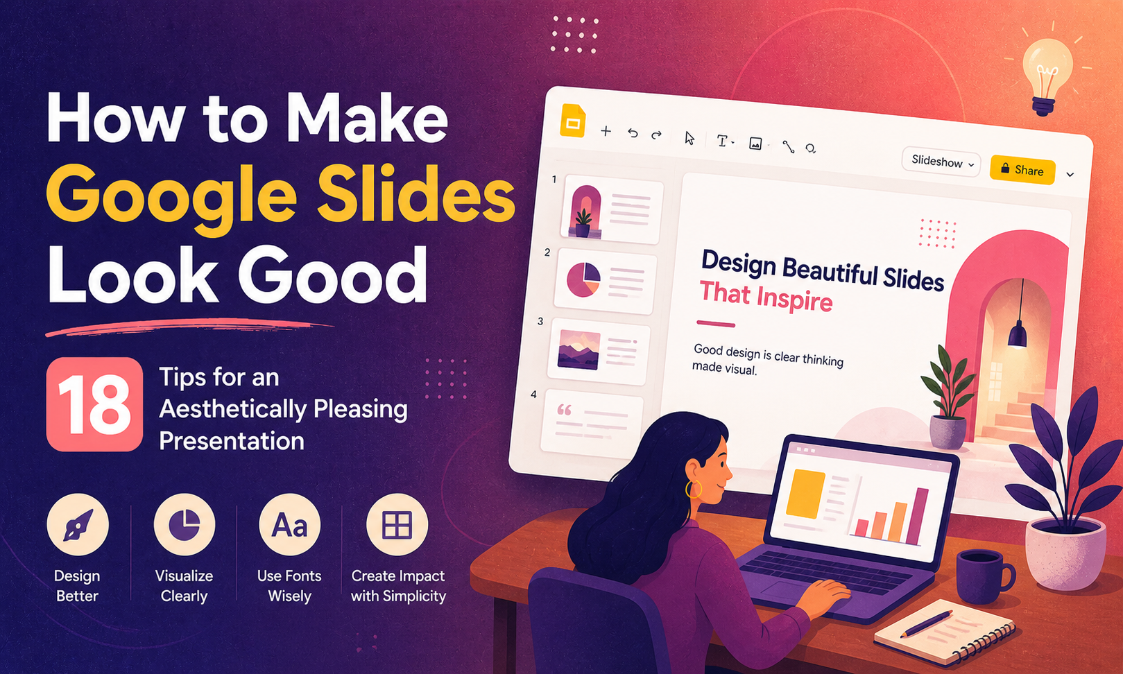 Discover how to make Google Slides visually appealing with 18 expert tips for clean, professional, and aesthetic presentation design.