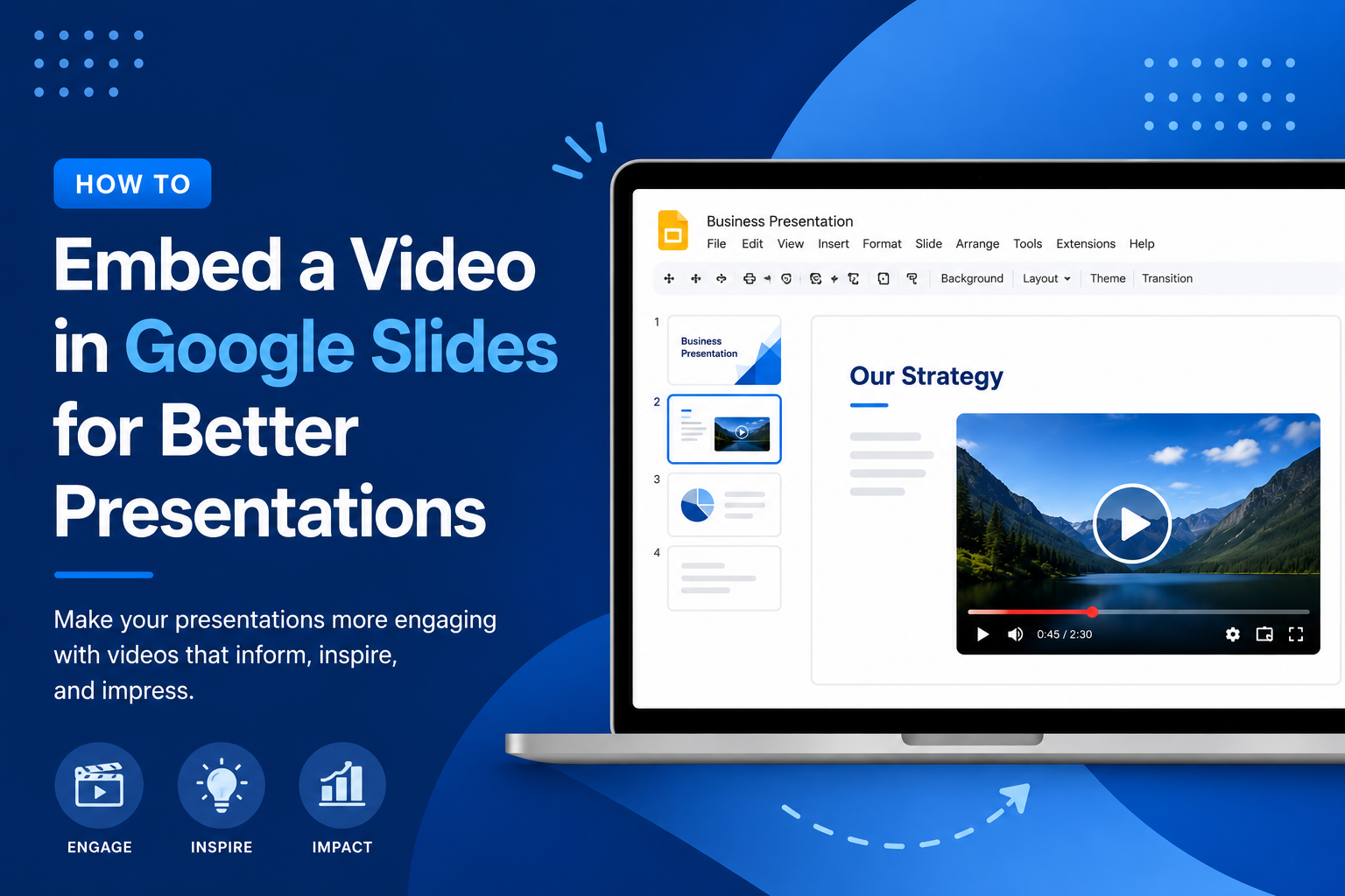 Illustration showing a Google Slides presentation with an embedded video playing on a slide, demonstrating how to add videos to presentations for better engagement.