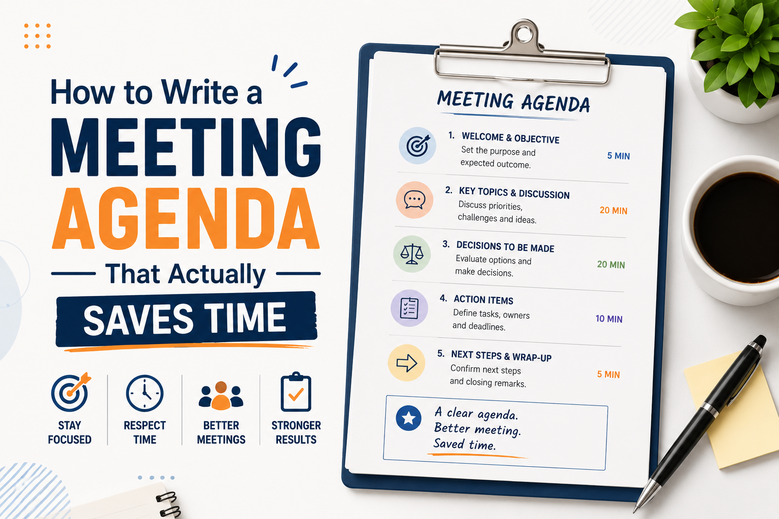 Infographic showing tips for creating an effective meeting agenda, with a sample agenda on a clipboard and office desk items nearby.