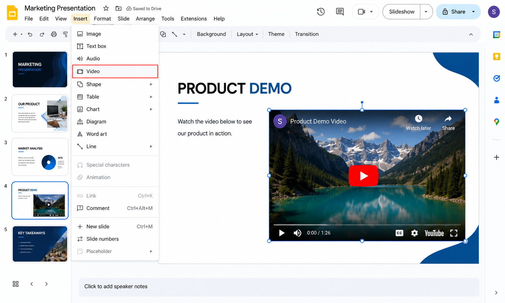 Screenshot of Google Slides showing the Insert menu with the Video option selected and an embedded YouTube video displayed on a presentation slide.