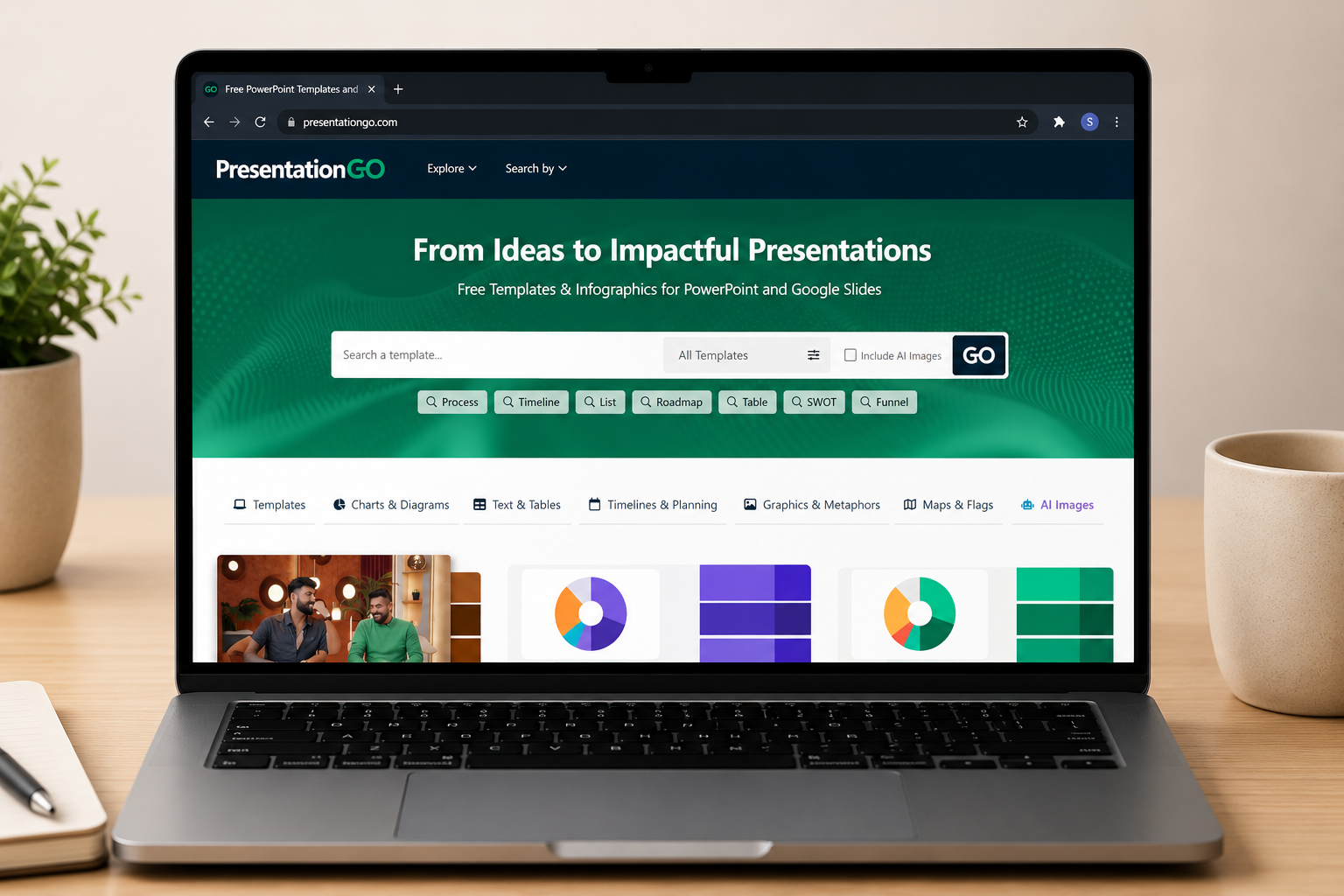 PresentationGO website interface with searchable PowerPoint and Google Slides templates on a laptop screen.