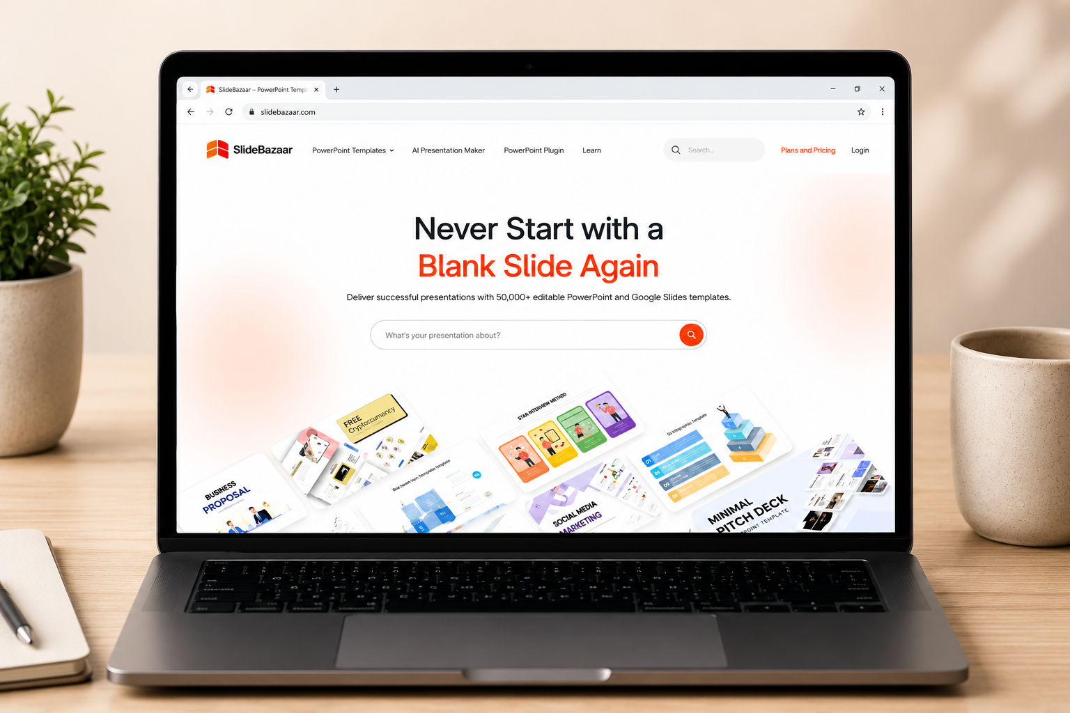 SlideBazaar homepage shown on a laptop featuring editable PowerPoint and Google Slides templates.