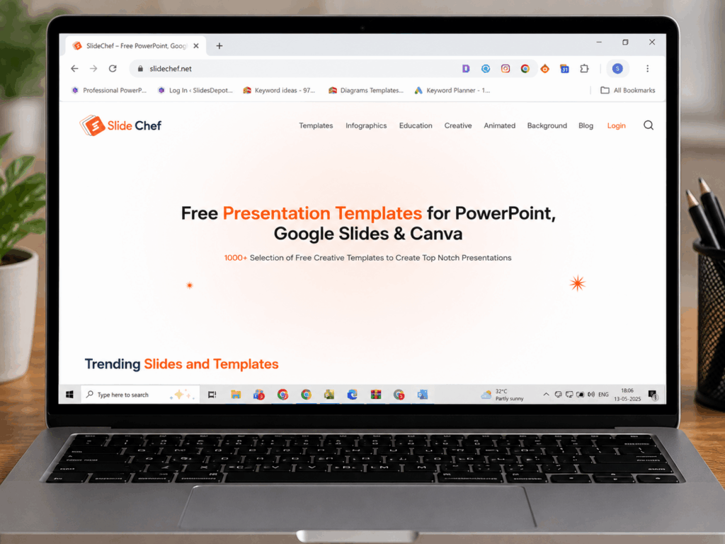 SlideChef homepage shown on a laptop featuring creative presentation templates and infographic categories.