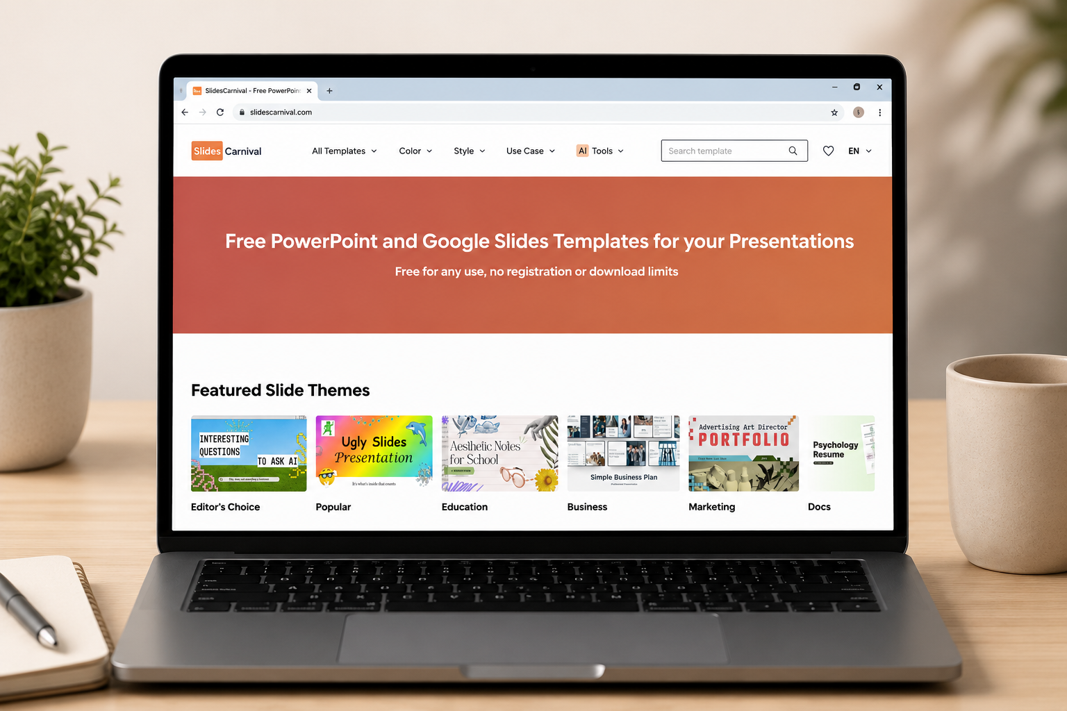 Laptop displaying the SlidesCarnival website with free PowerPoint and Google Slides presentation templates.