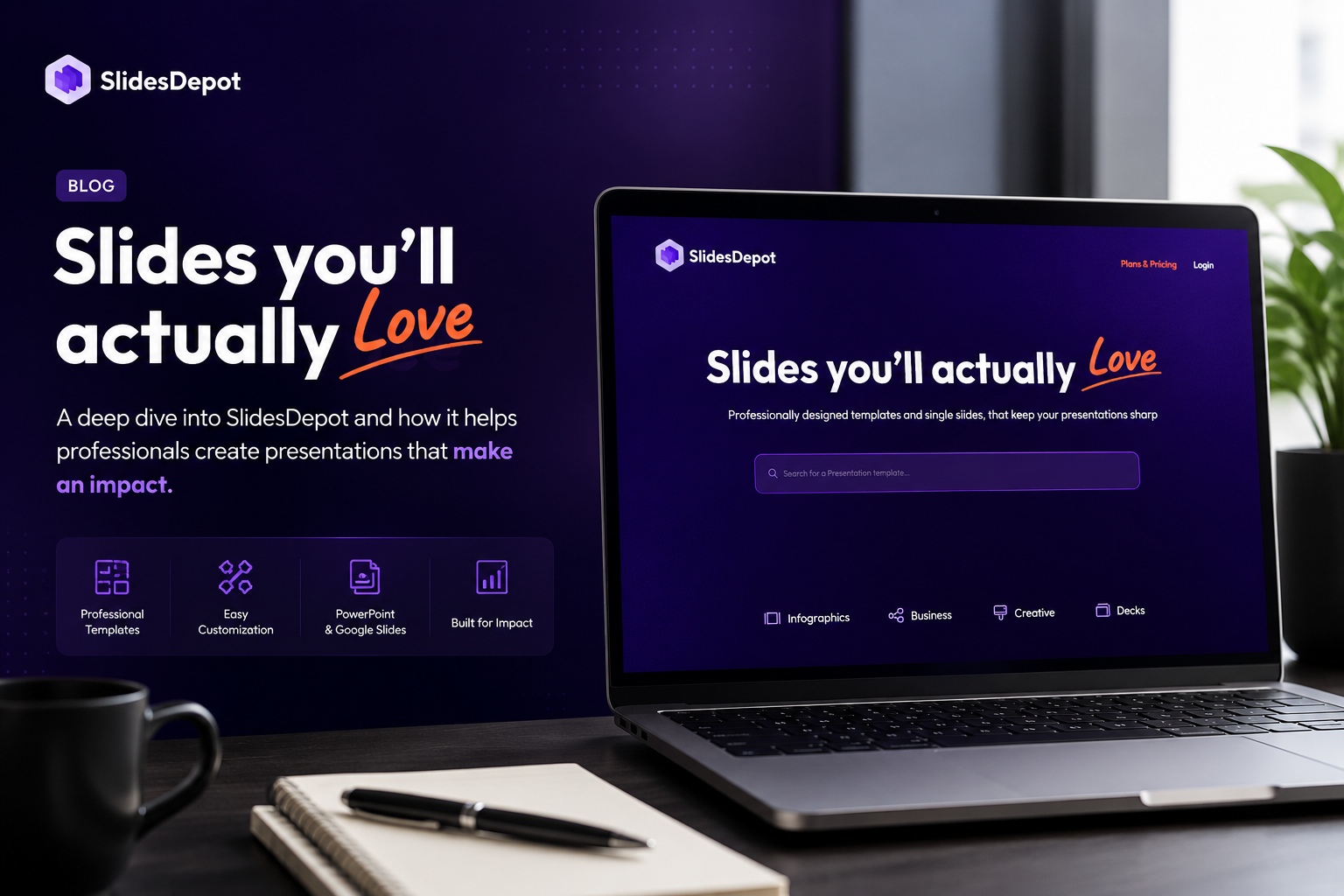 SlidesDepot homepage showcasing professional PowerPoint and Google Slides templates on a laptop screen.