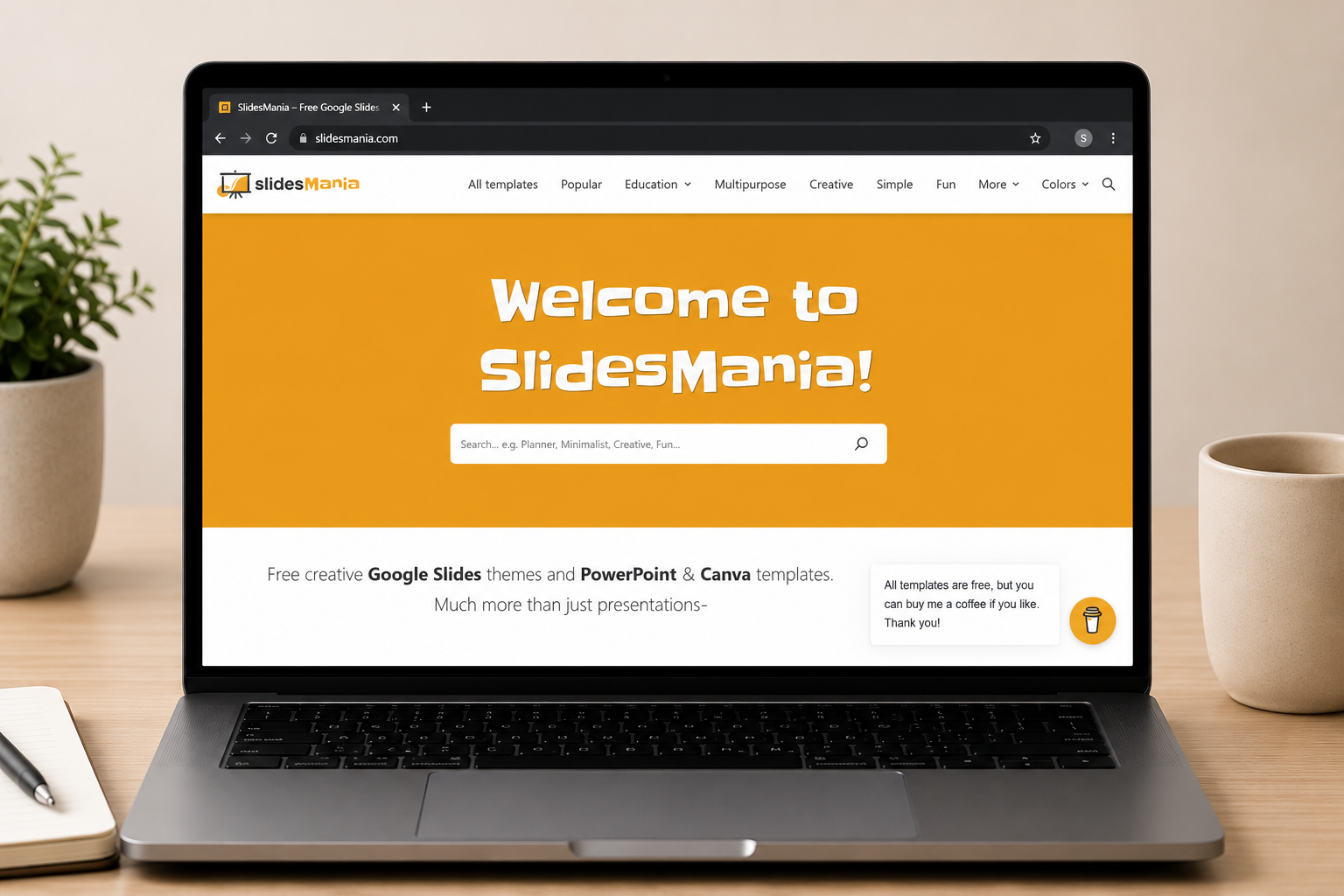 Laptop displaying the SlidesMania website with free Google Slides, PowerPoint, and Canva presentation templates