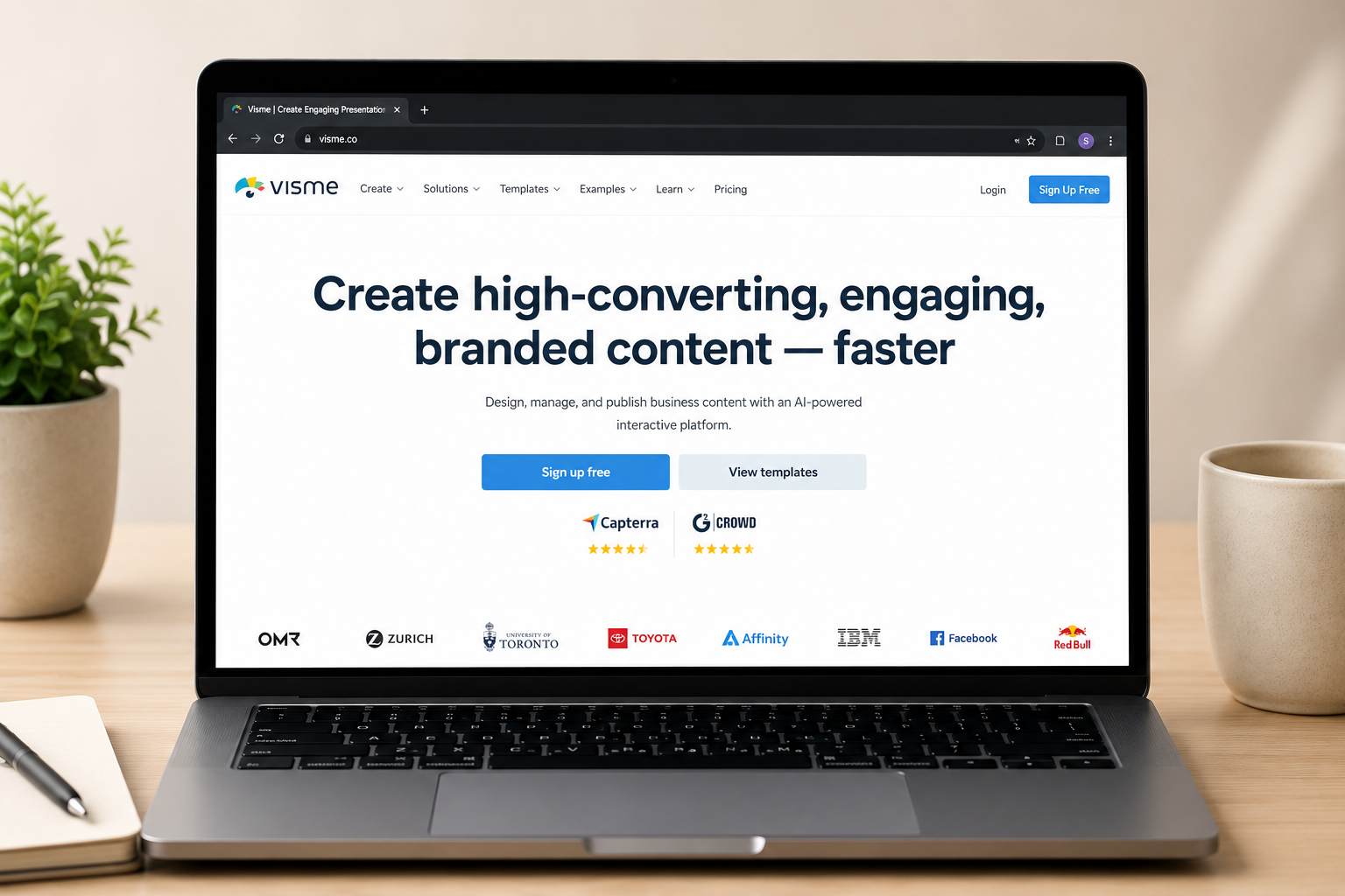 Laptop displaying the Visme website with AI-powered presentation and branded content creation tools.