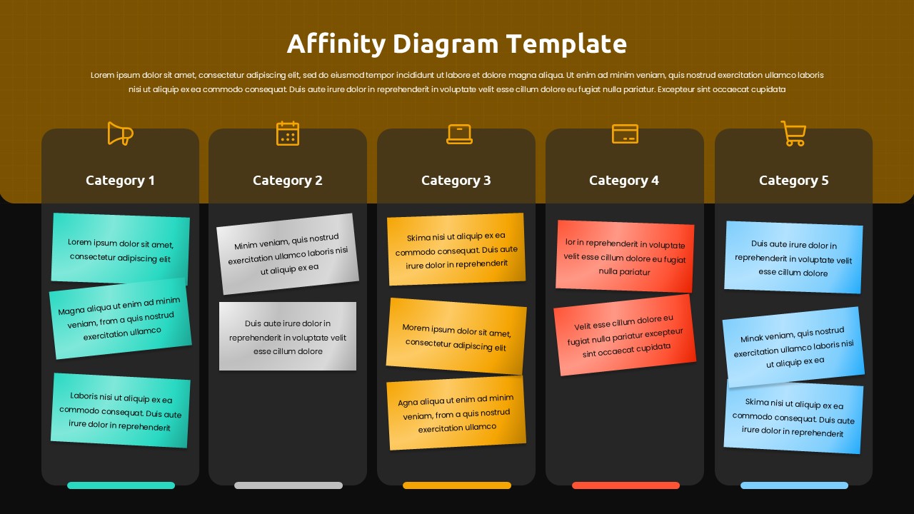 Dark-themed affinity diagram template with 5 categorized columns for sorting and grouping workshop ideas