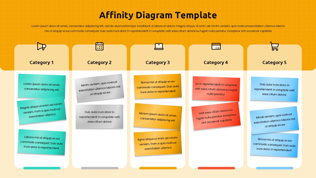 Orange-themed affinity diagram template with 5 categories for organizing brainstorming ideas into grouped sticky notes