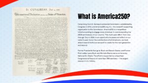 Information slide featuring Declaration of Independence document image with 'What is America250?' FAQ text