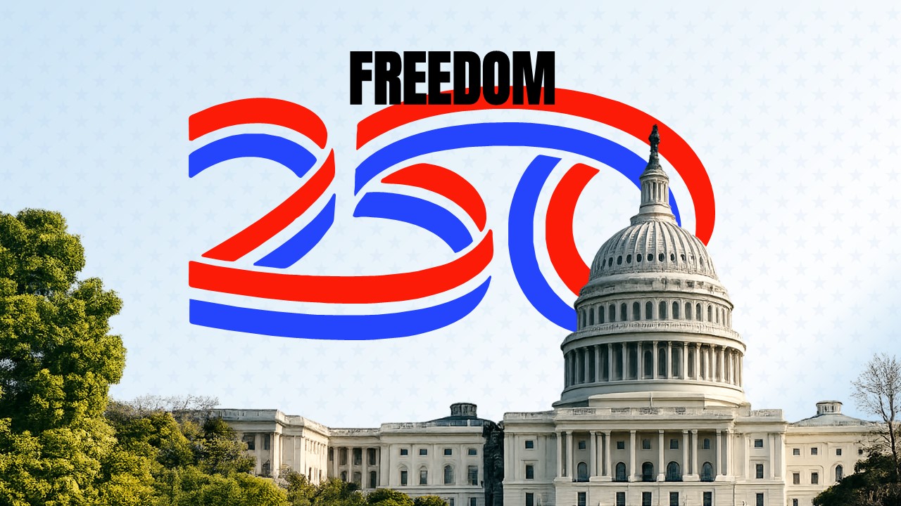 Freedom 250 title slide with US Capitol building backdrop and red, white, blue patriotic design elements