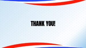 Thank you closing slide with red and blue flowing design elements on white background