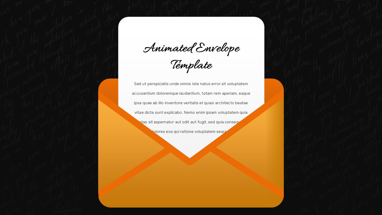 Dark animated envelope Google Slides template with orange envelope and white letter on black background