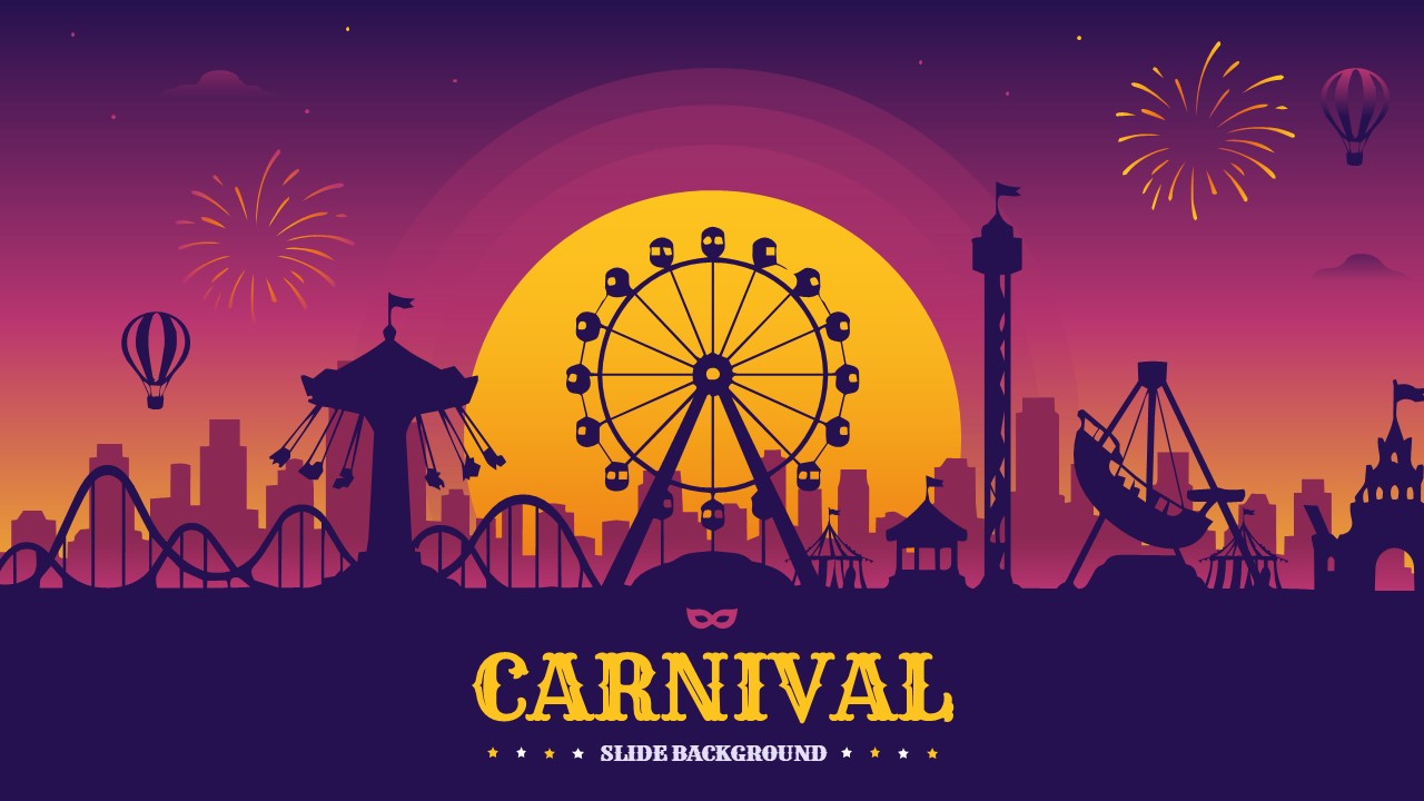 Carnival PowerPoint cover slide with amusement park silhouettes at sunset for entertainment presentations