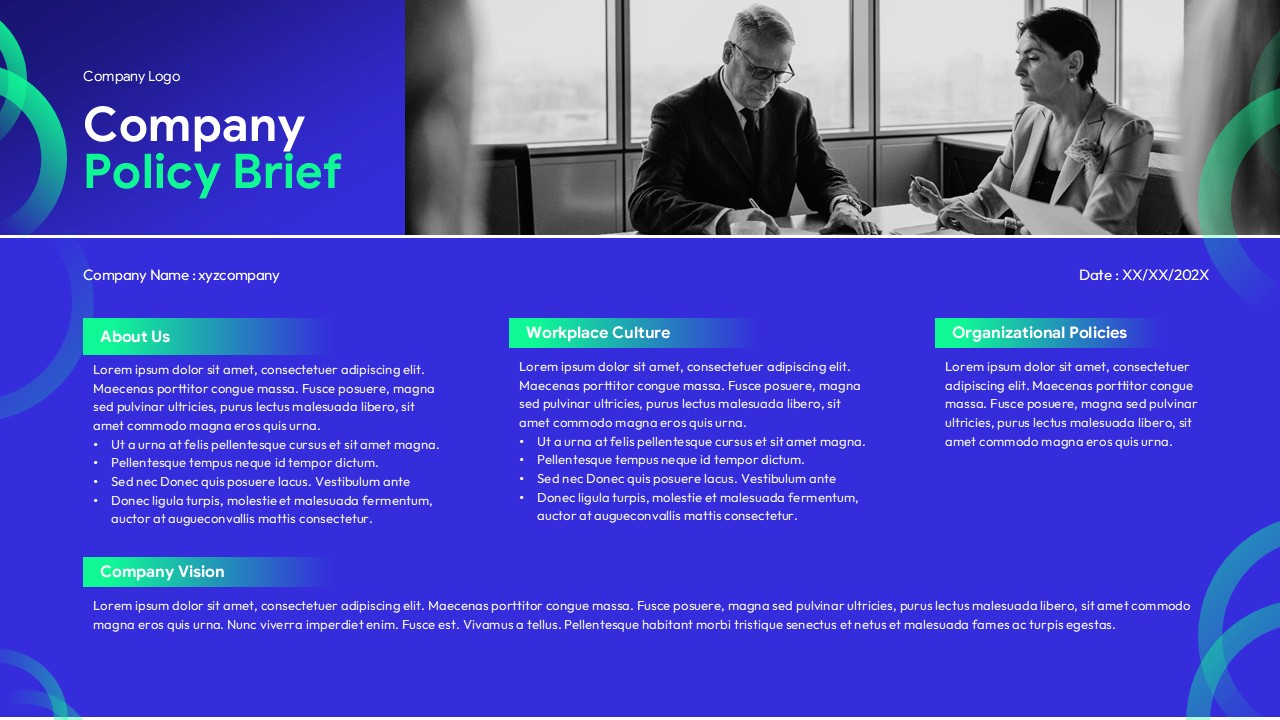 Company Policy Brief PowerPoint template cover slide with corporate photo, three-column layout for policies and culture