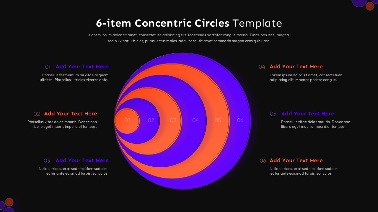 Dark theme slide with 3D concentric circles in purple and orange, six white text sections on black background layout
