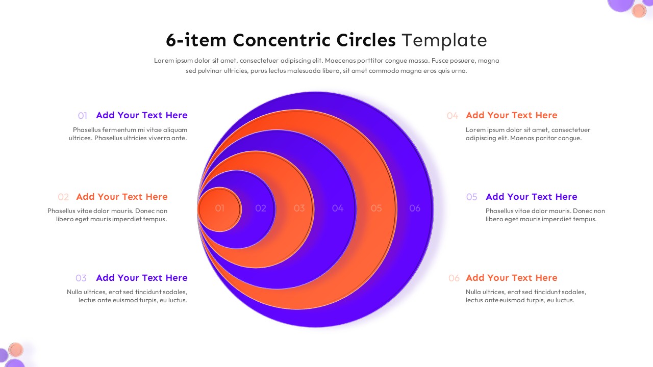 Presentation slide with 3D concentric circles diagram in purple and orange colors, six text sections on white background