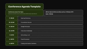 Dark green conference agenda template with identical 9AM-4PM schedule layout on black background