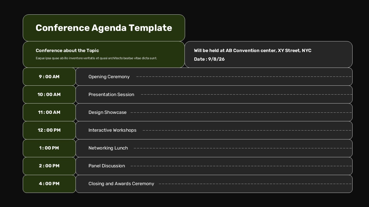 Dark green conference agenda template with identical 9AM-4PM schedule layout on black background