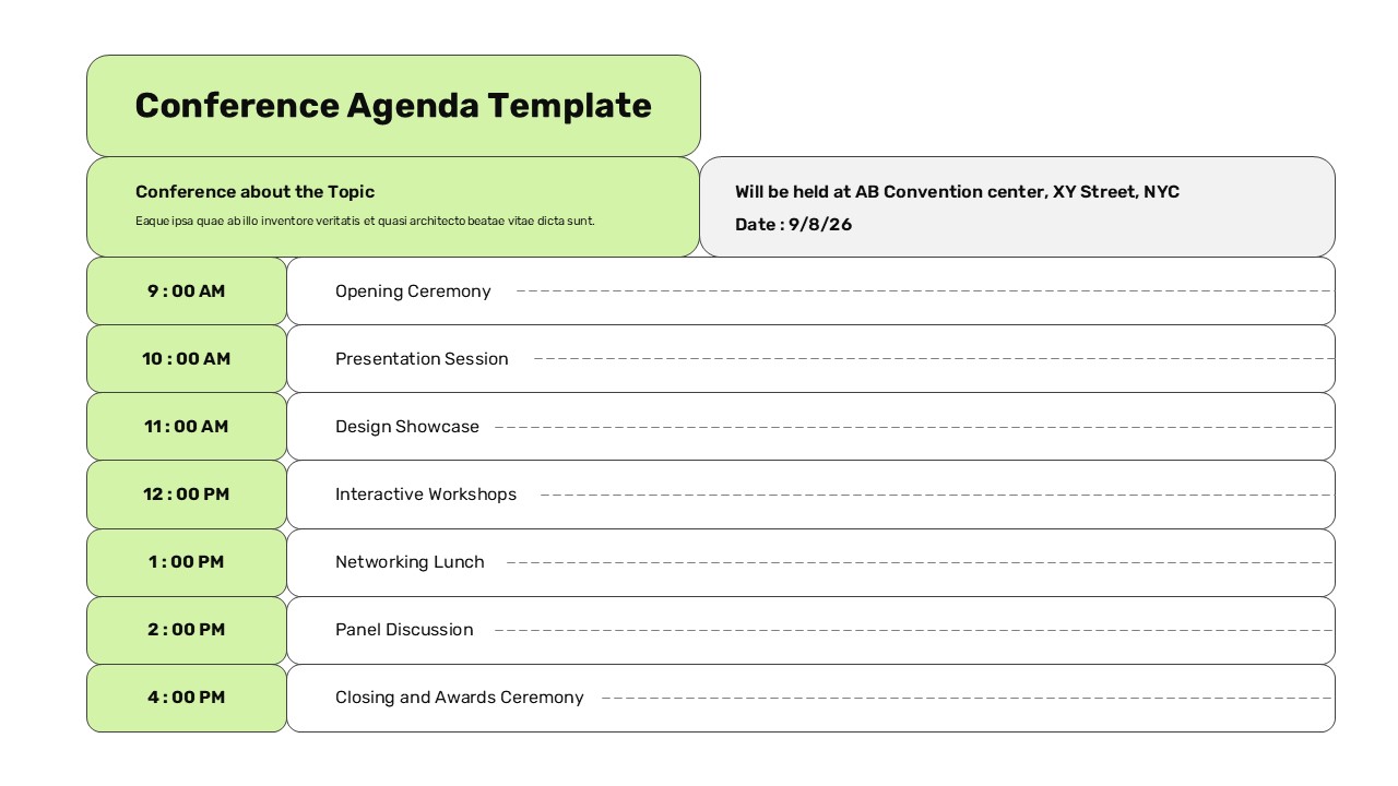 Light green conference agenda template with time slots 9AM-4PM, venue details, and activity placeholders