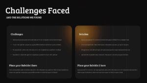 Challenges and solutions slide with two-column comparison layout and subtitle sections