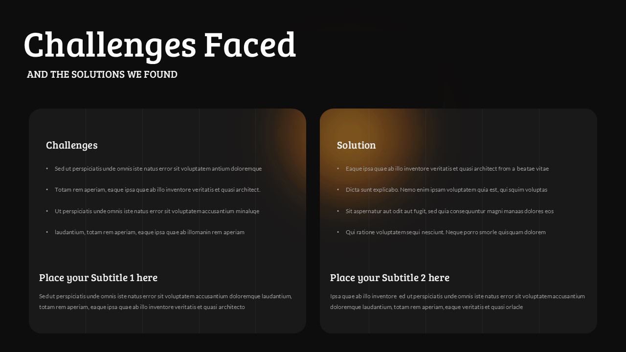 Challenges and solutions slide with two-column comparison layout and subtitle sections